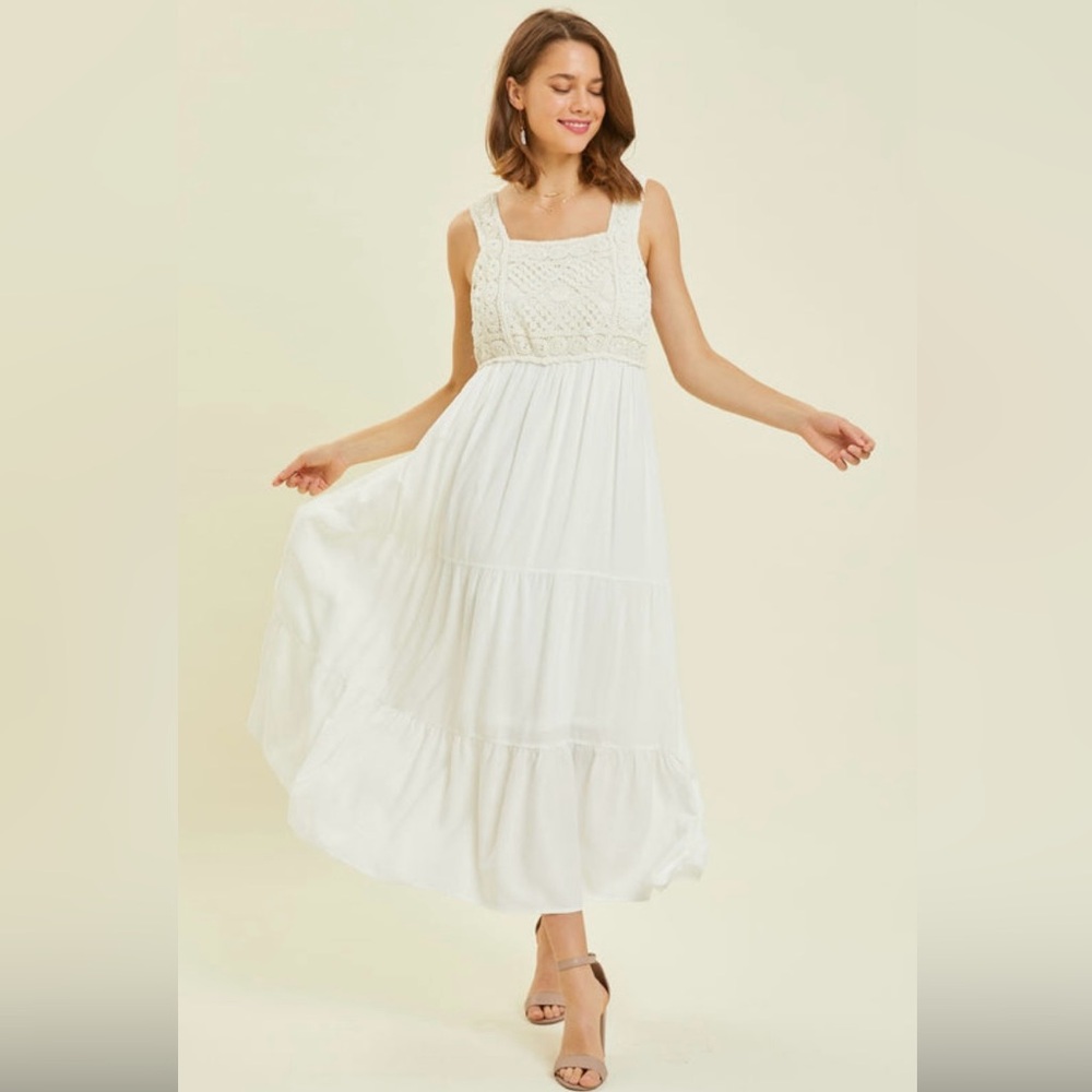 Crochet-Trimmed Tiered Ruffle Midi Dress